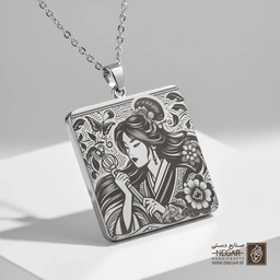 گردنبند طرح مولان با شمشیر (حکاکی لیزری فایبر، مدل قاب مربع) کد 502378