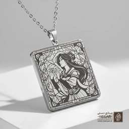 گردنبند طرح مولان در قاب اسلیمی (حکاکی لیزری فایبر، مدل قاب مربع) کد 502379