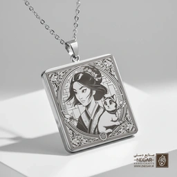 گردنبند طرح مولان و گربه (موشو) (حکاکی لیزری فایبر، مدل قاب مربع) کد 502392