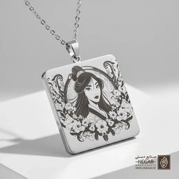 گردنبند طرح پرتره مولان و گل‌ (حکاکی لیزری فایبر، مدل قاب مربع) کد 502394