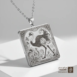 گردنبند طرح شترمرغ - گل و مرغ () (حکاکی لیزری فایبر، مدل قاب مربع) کد 502511