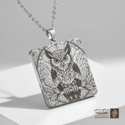 گردنبند طرح جغد مینیمال هنری (حکاکی لیزری فایبر، مدل قاب مربع) کد 502519