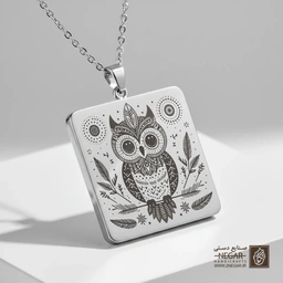 گردنبند طرح جغد بوهمیان (حکاکی لیزری فایبر، مدل قاب مربع) کد 502523