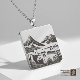 گردنبند طرح پاندا در کوهستان (حکاکی لیزری فایبر، مدل قاب مربع) کد 502544