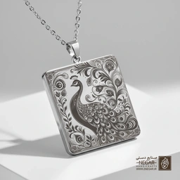 گردنبند طرح طاووس با جزئیات پر (حکاکی لیزری فایبر، مدل قاب مربع) کد 502573