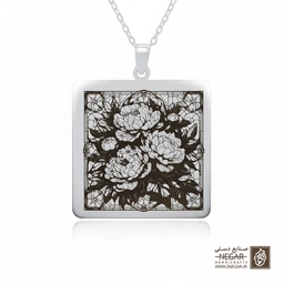 گردنبند طرح گل صدتومانی و شکوفه (حکاکی لیزری فایبر، مدل قاب مربع) کد 502589