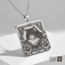 گردنبند طرح گربه پرشین - قاب گل‌دار (حکاکی لیزری فایبر، مدل قاب مربع) کد 502599