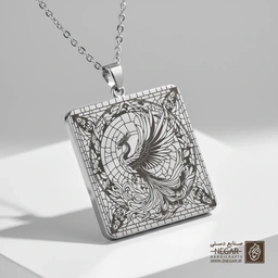 گردنبند طرح ققنوس اسلیمی (حکاکی لیزری فایبر، مدل قاب مربع) کد 502620