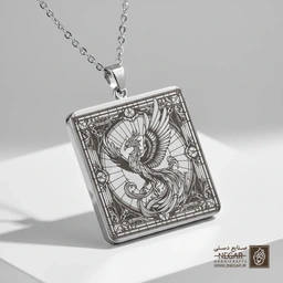 گردنبند طرح ققنوس در قاب ماندالا (حکاکی لیزری فایبر، مدل قاب مربع) کد 502625