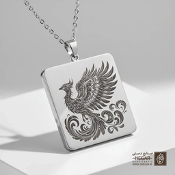 گردنبند طرح ققنوس افسانه‌ای (Phoenix) (حکاکی لیزری فایبر، مدل قاب مربع) کد 502626