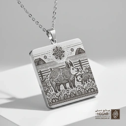 گردنبند طرح خوک فانتزی و گل (حکاکی لیزری فایبر، مدل قاب مربع) کد 502627