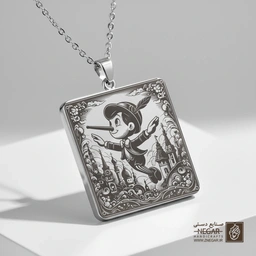 گردنبند طرح پینوکیو و قصر (حکاکی لیزری فایبر، مدل قاب مربع) کد 502641