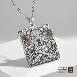 گردنبند طرح سگ پیت‌بول و استخوان (حکاکی لیزری فایبر، مدل قاب مربع) کد 502651