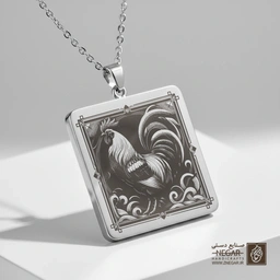 گردنبند طرح خروس در قاب مربعی (حکاکی لیزری فایبر، مدل قاب مربع) کد 502675