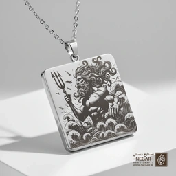 گردنبند طرح پوزئیدون - پرتره با نیزه (حکاکی لیزری فایبر، مدل قاب مربع) کد 502720