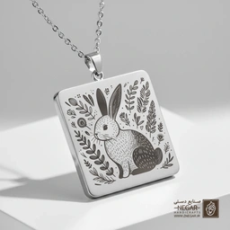 گردنبند طرح خرگوش و گیاهان (حکاکی لیزری فایبر، مدل قاب مربع) کد 502745