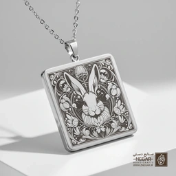 گردنبند طرح خرگوش در باغ گل (حکاکی لیزری فایبر، مدل قاب مربع) کد 502748