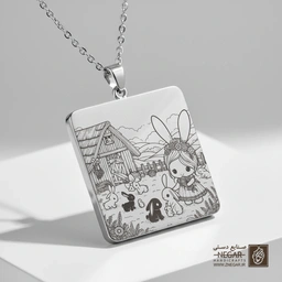 گردنبند طرح خرگوش در مزرعه (حکاکی لیزری فایبر، مدل قاب مربع) کد 502752