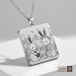 گردنبند طرح خانواده خرگوش (حکاکی لیزری فایبر، مدل قاب مربع) کد 502754