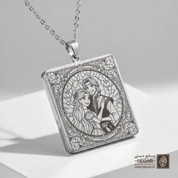 گردنبند طرح راپونزل و فلین رایدر (حکاکی لیزری فایبر، مدل قاب مربع) کد 502800