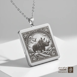 گردنبند طرح کرگدن در طبیعت (حکاکی لیزری فایبر، مدل قاب مربع) کد 502828