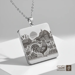 گردنبند طرح خروس سحرخیز (حکاکی لیزری فایبر، مدل قاب مربع) کد 502870