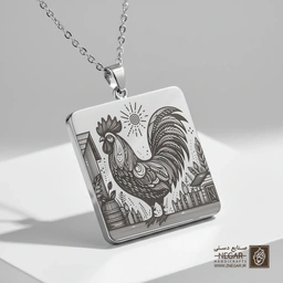 گردنبند طرح خروس در مزرعه (Rooster Silhouette ) (حکاکی لیزری فایبر، مدل قاب مربع) کد 502871