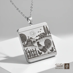 گردنبند طرح تابلو منظره خروس و مزرعه (Rooster Silhouette ) (حکاکی لیزری فایبر، مدل قاب مربع) کد 5028