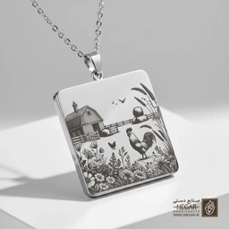 گردنبند طرح خروس در باغ (حکاکی لیزری فایبر، مدل قاب مربع) کد 502875