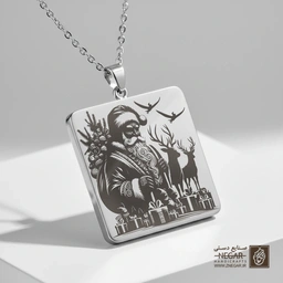 گردنبند طرح بابا نوئل و گوزن‌ها (حکاکی لیزری فایبر، مدل قاب مربع) کد 502930
