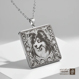 گردنبند طرح سگ شلتی نیم‌رخ هنری (حکاکی لیزری فایبر، مدل قاب مربع) کد 502998