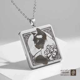 گردنبند طرح گربه سیامی و گل‌های رز (حکاکی لیزری فایبر، مدل قاب مربع) کد 503011