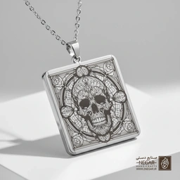 گردنبند طرح جمجمه و گل رز (Skull and Roses) (حکاکی لیزری فایبر، مدل قاب مربع) کد 503014