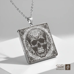 گردنبند طرح جمجمه ترسناک و واقع‌گرا (حکاکی لیزری فایبر، مدل قاب مربع) کد 503017