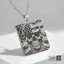 گردنبند طرح جمجمه با نقاب پرچم آمریکا (حکاکی لیزری فایبر، مدل قاب مربع) کد 503030