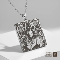 گردنبند طرح دو چهره اسکلتی (عاشقانه دارک) (حکاکی لیزری فایبر، مدل قاب مربع) کد 503035