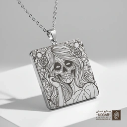 گردنبند طرح پرتره زن اسکلتی مدرن (حکاکی لیزری فایبر، مدل قاب مربع) کد 503037