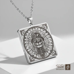 گردنبند طرح زن اسکلتی استیم‌پانک با کلاه سیلندری (حکاکی لیزری فایبر، مدل قاب مربع) کد 503039