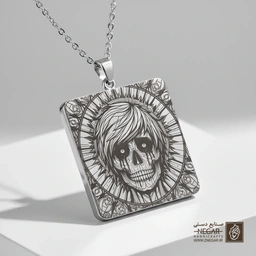 گردنبند طرح جمجمه و خورشید تابان (ماندالا) (حکاکی لیزری فایبر، مدل قاب مربع) کد 503047