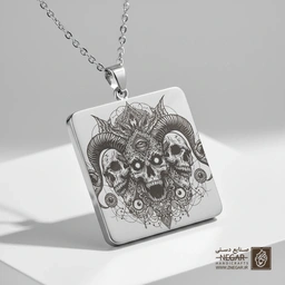گردنبند طرح جمجمه قوچ (بافومت) (حکاکی لیزری فایبر، مدل قاب مربع) کد 503053