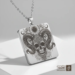 گردنبند طرح جمجمه شاخ‌دار و نماد ماه (حکاکی لیزری فایبر، مدل قاب مربع) کد 503054