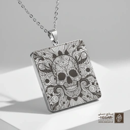 گردنبند طرح جمجمه و نقوش اساطیری (حکاکی لیزری فایبر، مدل قاب مربع) کد 503073