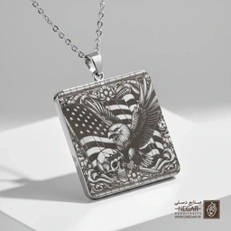 گردنبند طرح پرواز عقاب بر فراز جمجمه (حکاکی لیزری فایبر، مدل قاب مربع) کد 503090