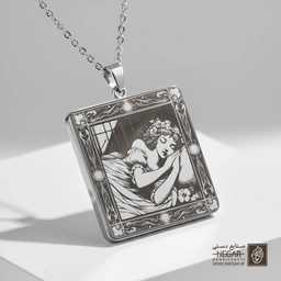 گردنبند طرح پرتره زن خفته در قاب پنجره (حکاکی لیزری فایبر، مدل قاب مربع) کد 503098