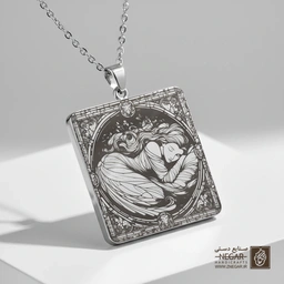 گردنبند طرح زن خفته در کادر دایره‌ای گل (حکاکی لیزری فایبر، مدل قاب مربع) کد 503101