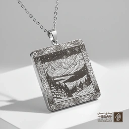 گردنبند طرح کلبه در کوهستان برفی (وینتیج) (حکاکی لیزری فایبر، مدل قاب مربع) کد 503138