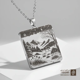 گردنبند طرح دشت برفی و درختان بی‌برگ (حکاکی لیزری فایبر، مدل قاب مربع) کد 503143
