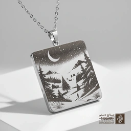 گردنبند طرح کلبه کوهستانی در شب برفی (حکاکی لیزری فایبر، مدل قاب مربع) کد 503146