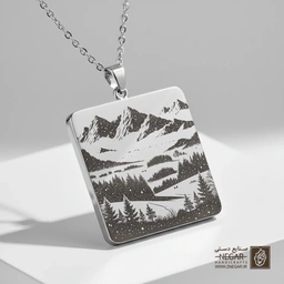 گردنبند طرح دورنمای کوهستان و دشت (حکاکی لیزری فایبر، مدل قاب مربع) کد 503149