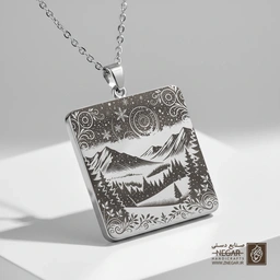 گردنبند طرح آسمان انتزاعی و کوهستان (حکاکی لیزری فایبر، مدل قاب مربع) کد 503155